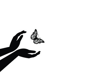 butterfly set free vector art, a butterfly flying for freedom from an open hand, freedom concept, hope concept illustration.