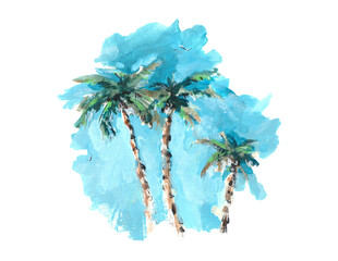 Obraz premium Tropical island with palm trees. Blue sky. Watercolor palms.
