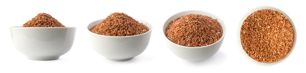 set of whole grain dark brown rice in a bowl, also called purple rice, forbidden or chinese black rice, isolated on white background