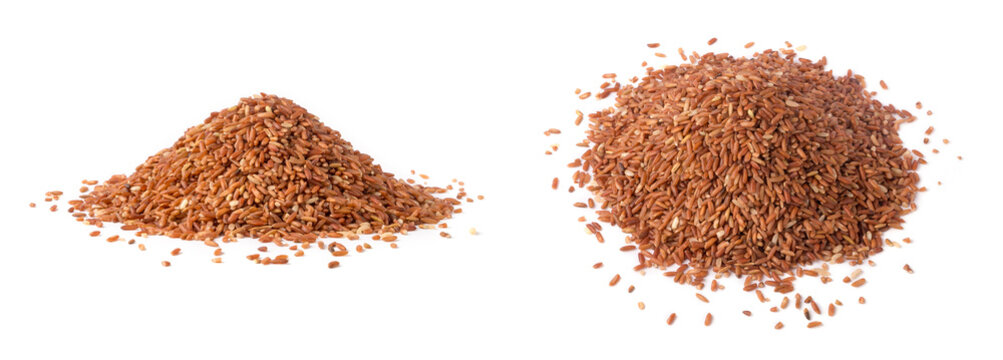 Pile Of Whole Grain Dark Brown Rice, Also Called Purple Rice, Forbidden Or Chinese Black Rice, Collection In Different Angles, On White Background