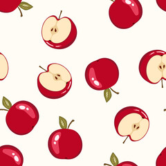 Seamless pattern with apple on white background. Natural delicious ripe tasty fruit. Vector illustration for print, fabric, textile, banner, other design. Stylized apples with leaves. Food concept