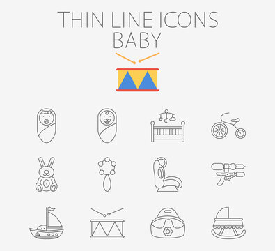Baby thin line icon set for web and mobile applications. Set includes - baby boy, girl, crib, tricycle, rabbit, rattle, car seat, gun, ship, drum, potty. Logo, pictogram, infographic element