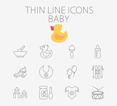 Baby thin line icon set for web and mobile applications. Set includes - rattle, baby food, duck, feeding bottle, car, bib, ballon, skiing, blocks, clothes, drum. Pictogram, infographic element