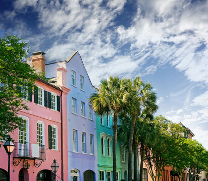 Brightly painted homes known as Rainbow Row on East Bay St in Charleston SC