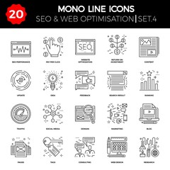 Thin Line Icons Set of Search Engine Optimization, Website and APP Design and Development. Simple Mono Line Pictogram Pack. Stroke Logo Concept, Web Graphic. icons