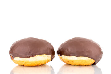 Two flavored chocolate donuts, macro, isolated on a white background.