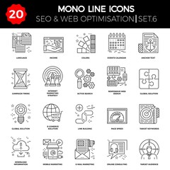 Thin Line Icons Set of Search Engine Optimization, Website and APP Design and Development. Simple Mono Line Pictogram Pack. Stroke Logo Concept, Web Graphic. icons
