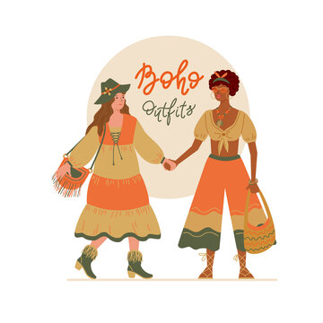 Two young women different ethnicity, dressed in boho style, joined the hands.Vector color illustration.
