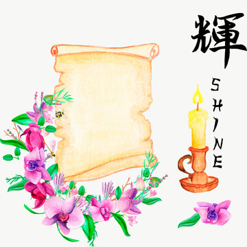 papyrus and candle  Illustration watercolor japanese style postcard with landscape animals and bamboo. Traditional Japanese ink painting sumi-e on white background. Contains hieroglyphs.