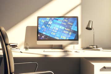 Modern computer monitor with abstract statistics data hologram interface, computing and analytics concept. 3D Rendering