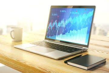 Abstract creative financial graph on modern laptop screen, forex and investment concept. 3D Rendering