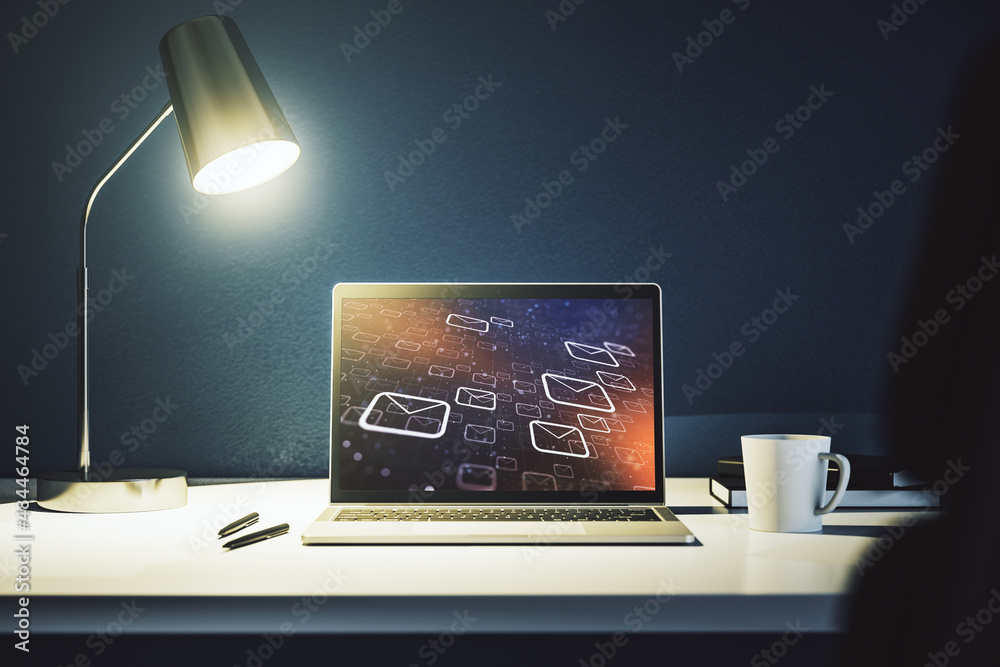 Poster Creative abstract postal envelopes hologram on modern computer monitor, email and notification concept. 3D Rendering