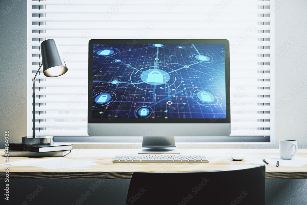 Poster Computer monitor with creative light lock illustration and microcircuit, cyber security concept. 3D Rendering