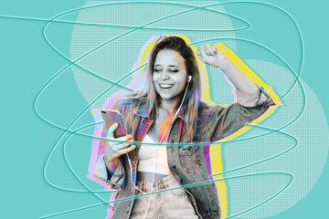 A young caucasian smiling blonde woman in a denim jacket listens to music with headphones holding a mobile phone in her hand and dancing. Trendy abstact collage in magazine style. Contemporary art