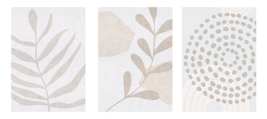 Set of three botanical posters vector illustration. Foliage drawing and abstract shapes. Minimal, natural, leaves and ferns art print. Abstract plant design for background, wallpaper, card, wall art