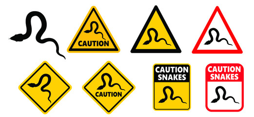 Warning, coution or attention venomous snake. snakes symbol or icon. Hazard yellow. Vector animals, reptiles logo. beware of snake. Cobra on red triangle. Set Road signs.