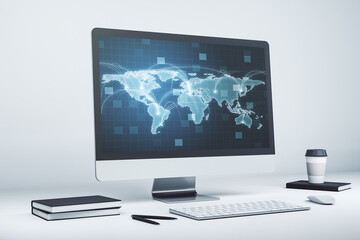 Computer monitor with abstract graphic digital world map with connections, globalization concept. 3D Rendering