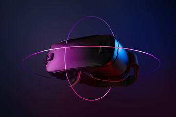 Metaverse. Future game and entertainment digital technology. VR virtual reality glasses isolated on dark background.