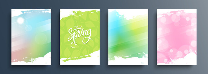Fototapeta Spring season backgrounds set with bright sun, hand lettering and brush strokes for your seasonal graphic design. Springtime collection. Vector illustration. obraz
