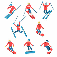 Vector skiers and snowboarders flat style. Winter sport activity. Simple characters isolated on white background