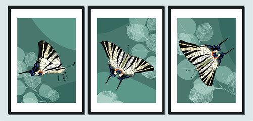 Collection of contemporary art posters. Abstract leaves and butterflies. Great design for social media, postcards, print.