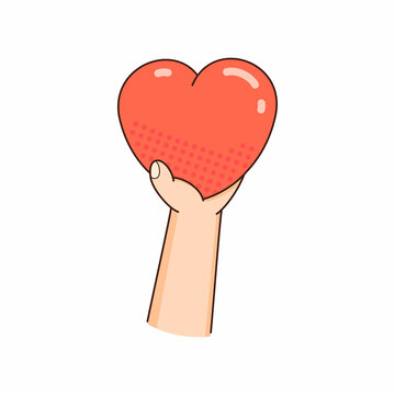 Hand holds red heart. Love day clipart. Heart shape. Valentines day vector Illustration