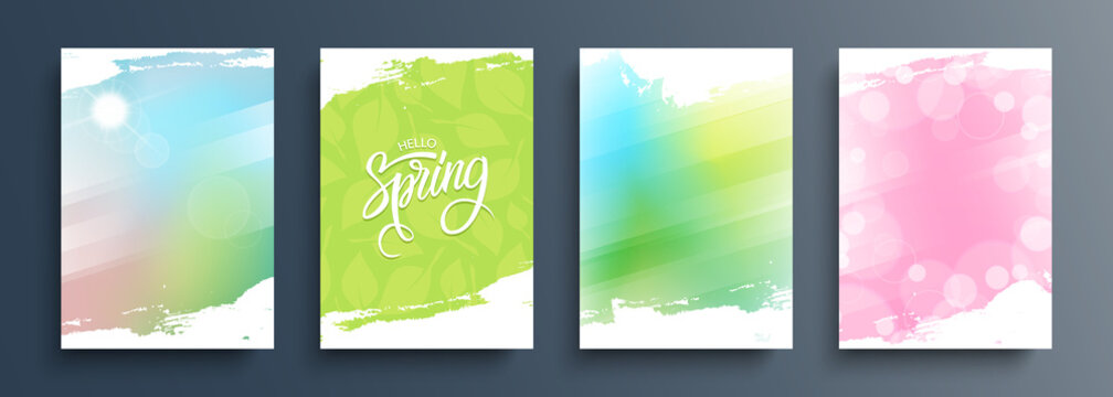 Spring season backgrounds set with bright sun, hand lettering and brush strokes for your seasonal graphic design. Springtime collection. Vector illustration.
