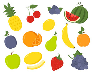 Set of cute funny childish fruits and berries. Banana, cherry, strawberry, lemon, orange, pear, melone. Trendy summer fruits. Design elements for kid's stationery, textiles, educational materials.