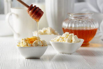 Fresh homemade cottage cheese with honey.