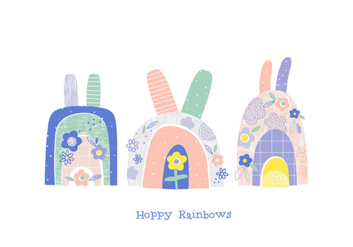 Bunny rainbows with flowers vector illustration set isolated on white. Happy rainbows phrase. Groovy spring sky childish print for Easter postcard design.