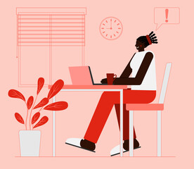 American black woman works at a computer. Modern office background. Equipped workplace, freelancer. Vector illustration.