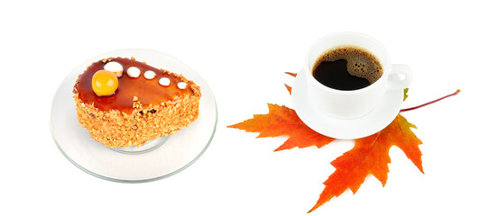 A cup of coffee on a yellow maple leaf and a cake isolated on a white . Collage. Wide photo.