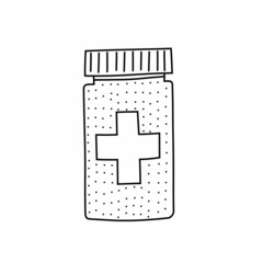 Hand drawn vector illustration of drug bottle in doodle style. Cute illustration of a medicine bottle on white background.