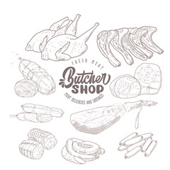Set of meat products and meat delicacies. Sausages, ham, bacon, lard, salami in sketch style.