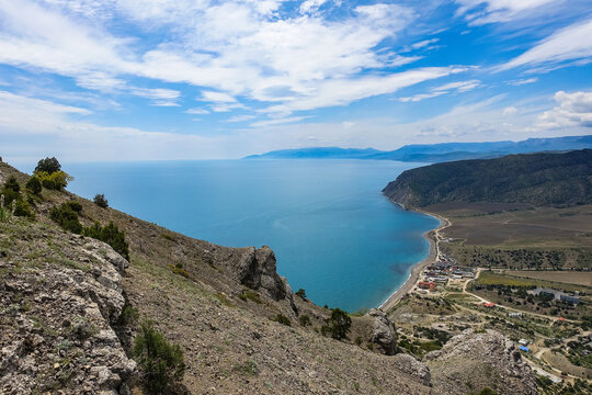 Nature photos on the Golitsyn trail. Landscapes of the Black Sea and the Crimean mountains in greenery. Crimea.