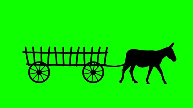A donkey pulling a cart, animation on the green background
