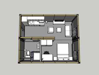3d illustration of a container building. Suite room with double bed, living area, mini kitchen and wc.  New trend in construction: Steel container house. 