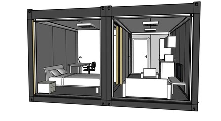 3d illustration of a container building. Suite room with double bed, living area and mini kitchen.  New trend in construction: Steel container house.  3d model perspective looking from facade.