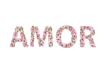 Word AMOR of flowers. Translated from Spanish - love