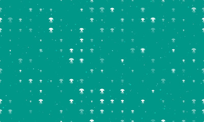 Seamless background pattern of evenly spaced white jellyfish symbols of different sizes and opacity. Vector illustration on teal background with stars