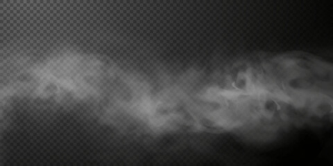 White smoke puff isolated on transparent black background. PNG. Steam explosion special effect. Effective texture of steam, fog, smoke png. Vector illustration	