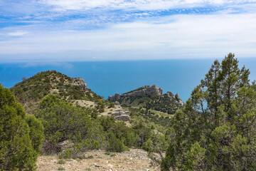 Fototapeta premium Nature photos on the Golitsyn trail. Landscapes of the Black Sea and the Crimean mountains in greenery. Crimea.