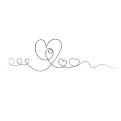 Continuous line of heart, feelings. Love of two hearts. Vector. Black continuous line on a white background.