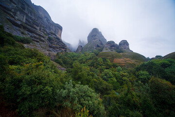 Meteora rocks in Greece in the fog