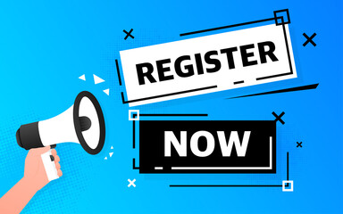 Megaphone blue banner with register now sign. Vector illustration