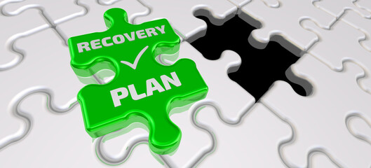 Recovery plan. Final piece of the puzzle. Folded white puzzles elements and one final green piece of the puzzle with text RECOVERY PLAN and check mark. 3D illustration