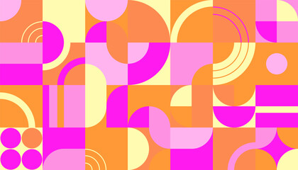 Geometric pattern design in Bauhaus or Mid-century style. Abstract seamless mosaic background with circles and squares in neon colors. Banner or cover for magasine, broshure. Vector illustration
