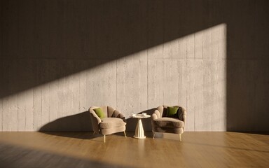 Empty wall in Scandinavian style interior with armchair. 3D illustration, cg render