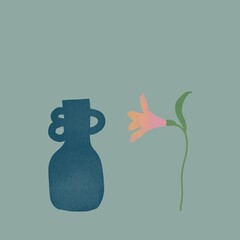 hand drawn sketch illustration of the blue ceramic vase with lily flower