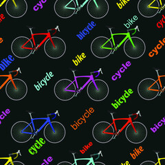 Fototapeta na wymiar seamless colorful pattern with the image of bicycles for printing in a sporty style on banners, cards, labels, t-shirts, fabrics, packaging